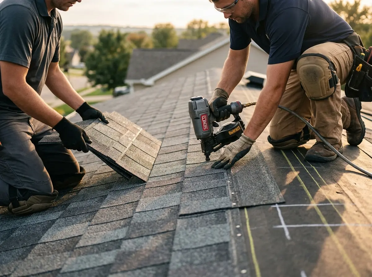Professional roofer working on a residential roof in Durham